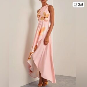 Fehaute Orange Pink Floral One-Shoulder Slit A-Line‎ Gown XL New With Tags